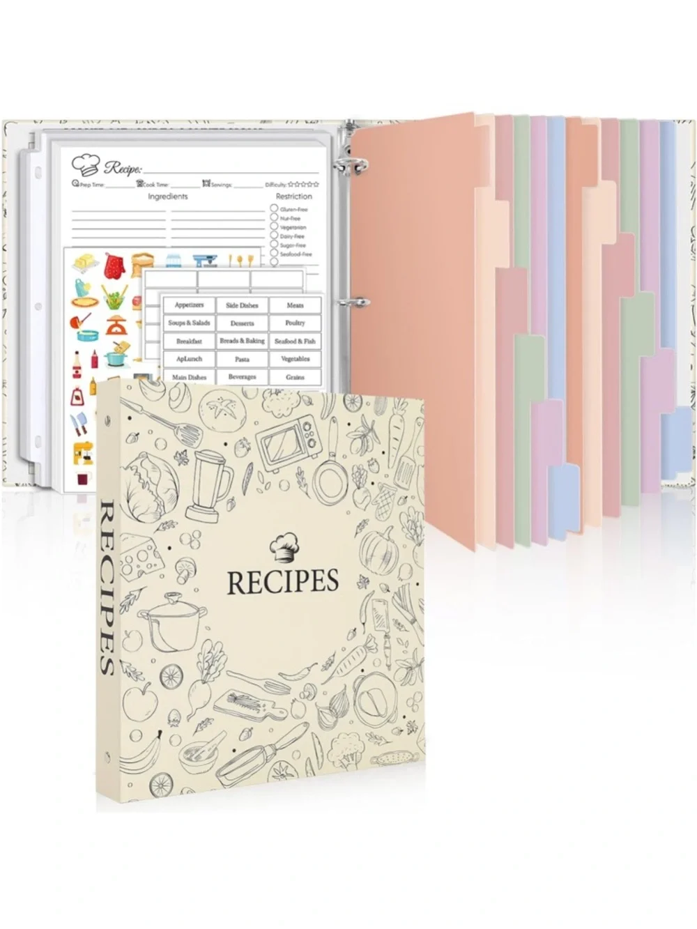 NEW in Box Recipe Binder 60 Plastic Sleeves, 12 Dividers, 60 Blank Recipe Cards